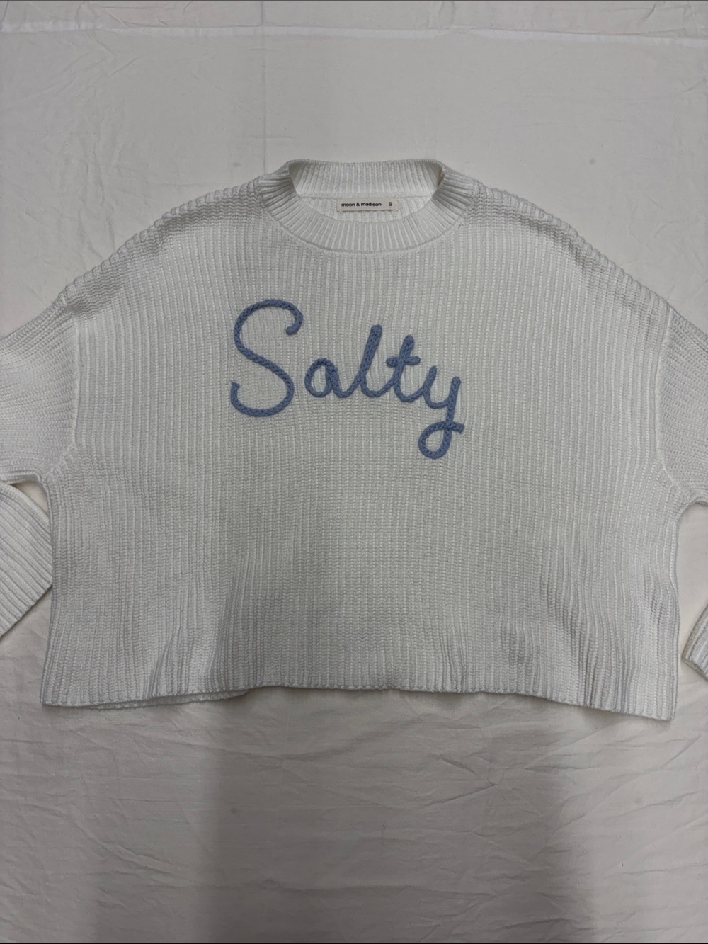moon & madison White Crewneck Crop Sweater with Blue 'Salty' Script size Small